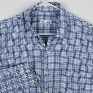 Peter Millar Blue Plaid Cotton Blend Long Sleeve Button Down